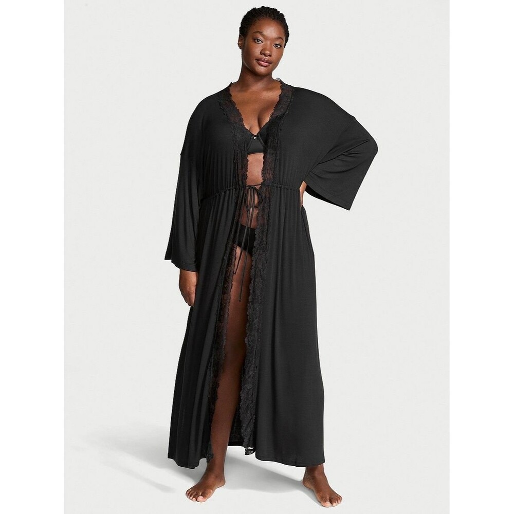 Victorias Secret 2023 Modal Double Slit Lace Trim Maxi Robe Modal Black XS/S Y2K